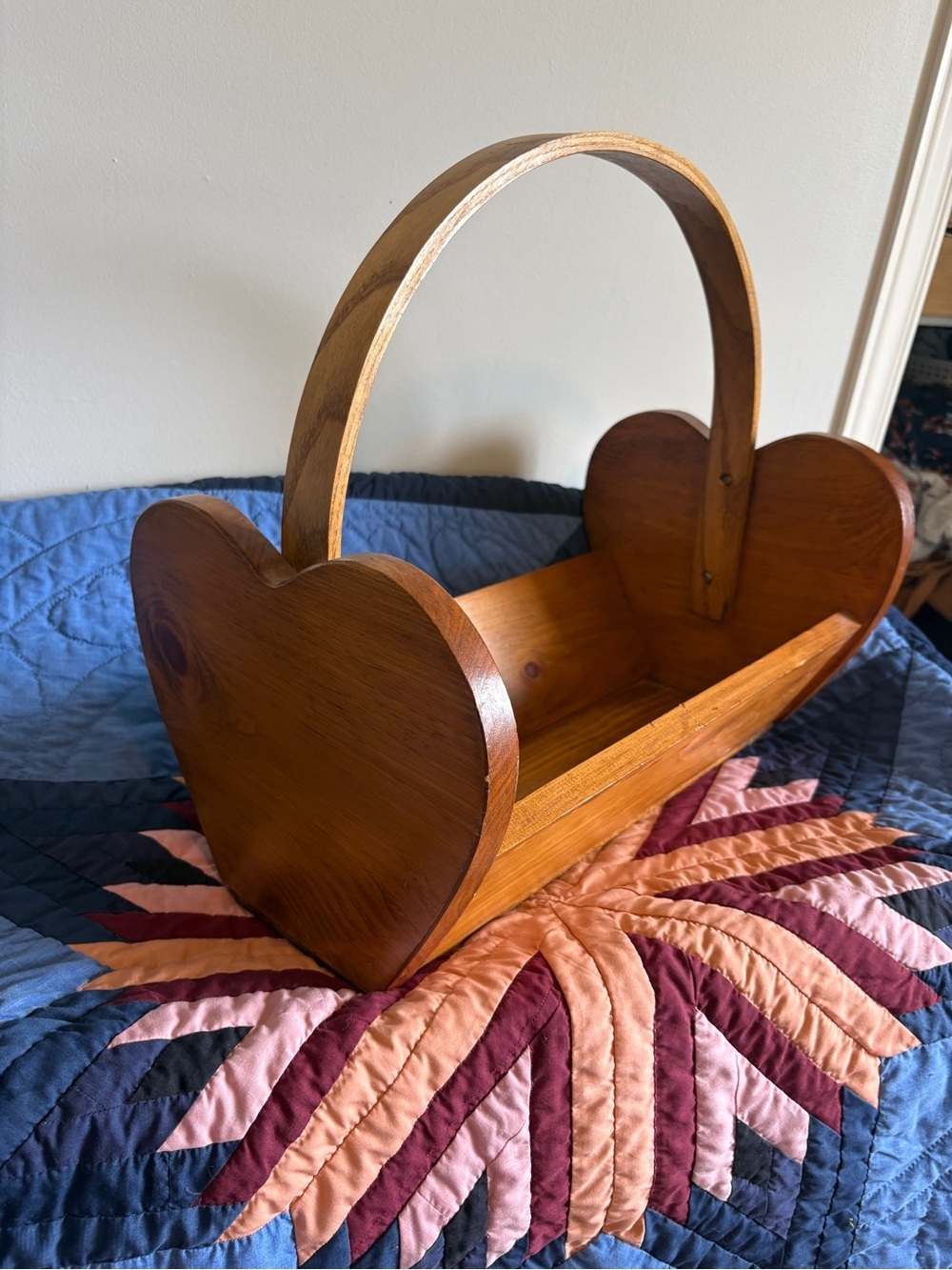 Wooden Heart Basket Blanket Holder Vintage Cottagecore Wood